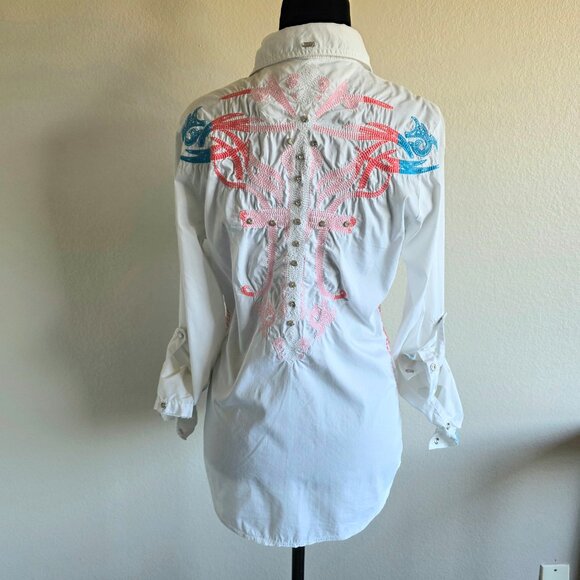 Destined To ROAR White Snap Front Embellished Cotton Blend Western Shirt Size S - Picture 6 of 10